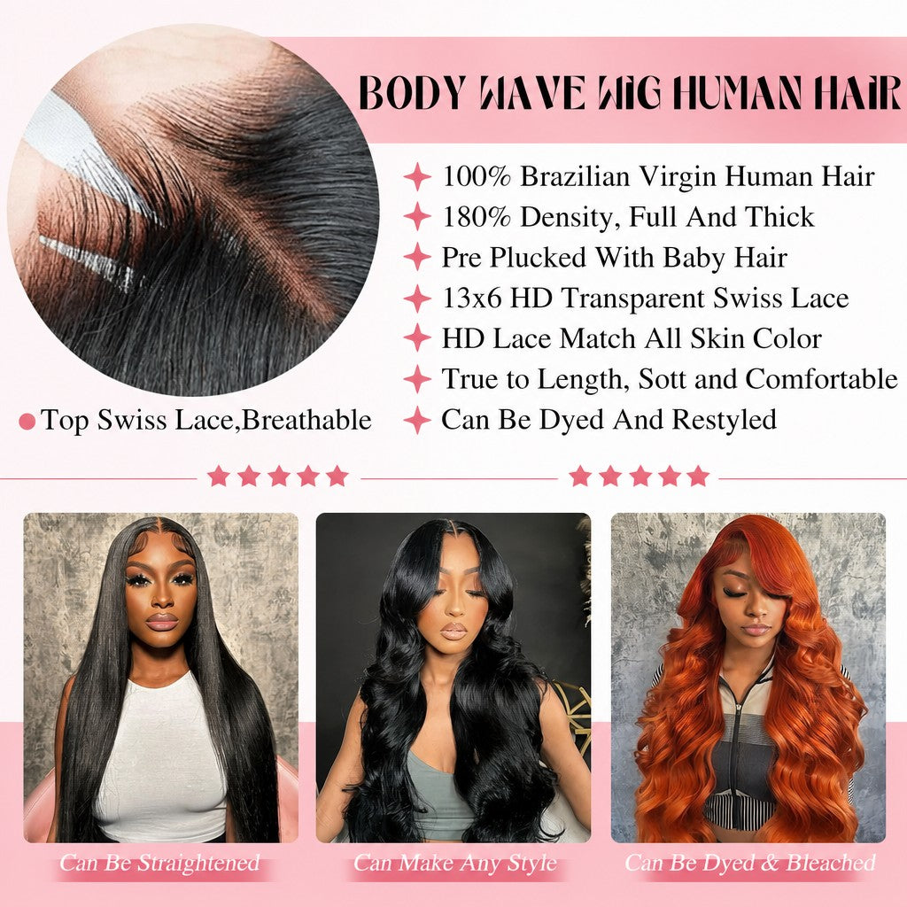 Body Wave 200% Density Human Hair HD 13x6 Lace Frontal Wig