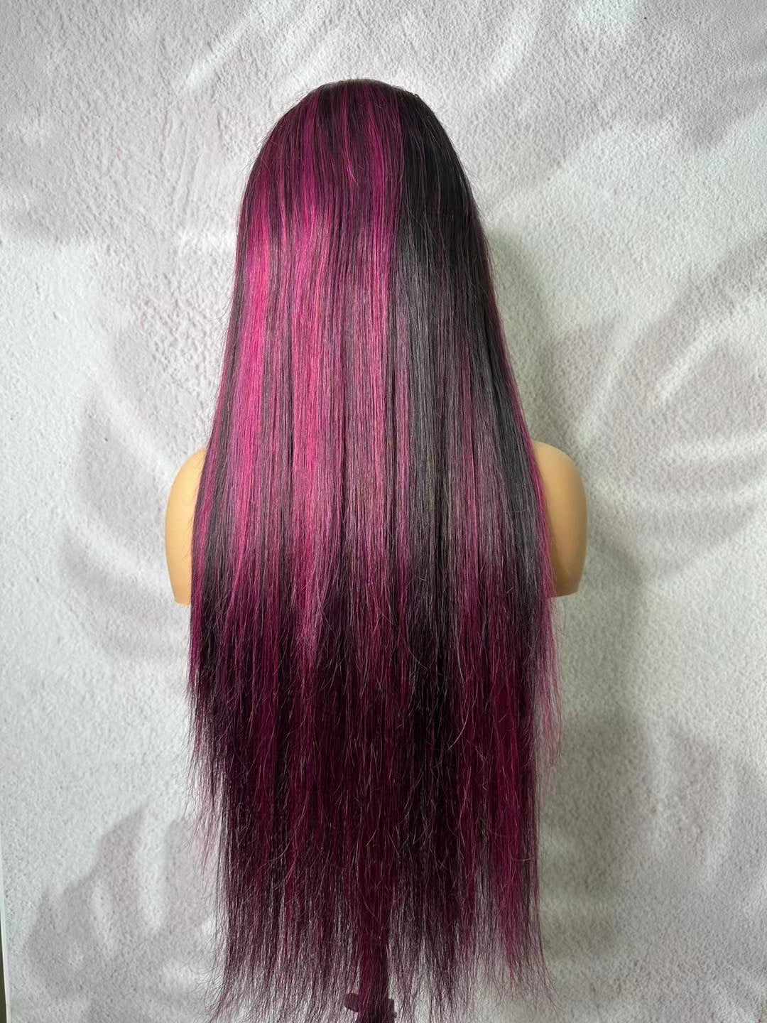 New design 1b black purple highlight color transparent 13x4 lace front wig human hair