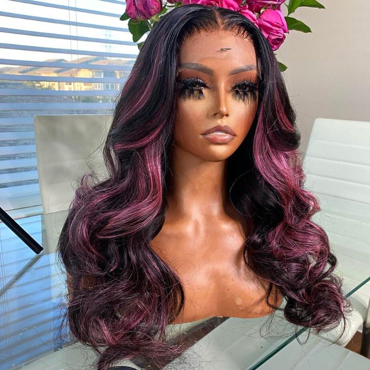 New design 1b black purple highlight color transparent 13x4 lace front wig human hair