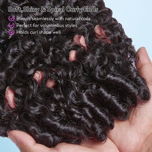 Close-up of soft and shiny spiral curly ends on human hair wig