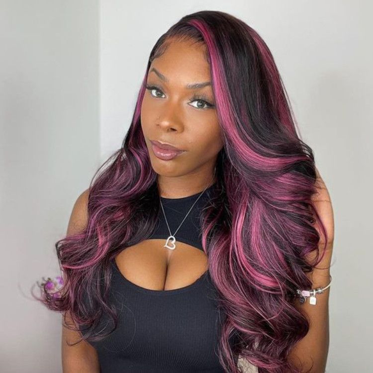 New design 1b black purple highlight color transparent 13x4 lace front wig human hair