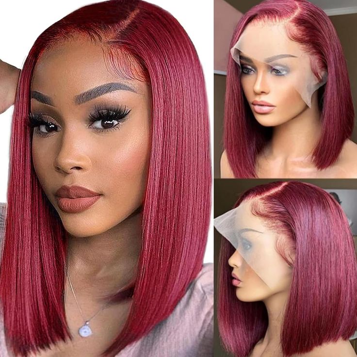 Burgundy 99j color short blunt cut 13x4 transparent lace frontal bob wig human hair