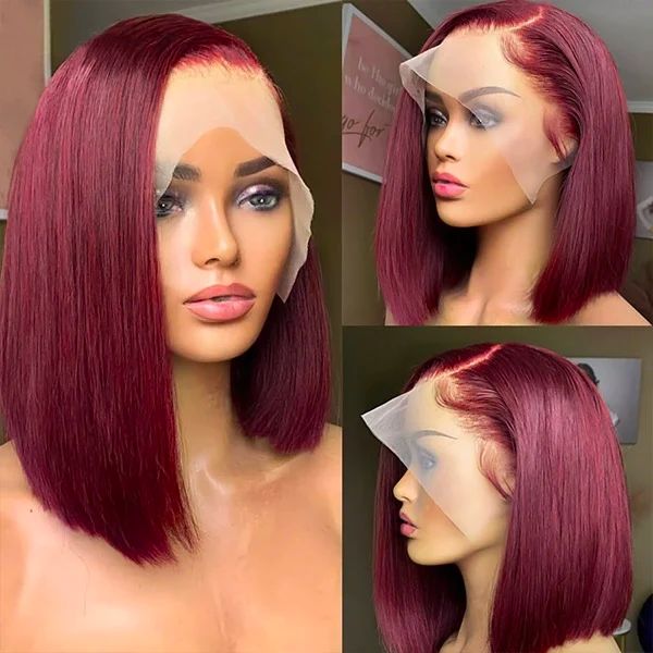 Burgundy 99j color short blunt cut 13x4 transparent lace frontal bob wig human hair