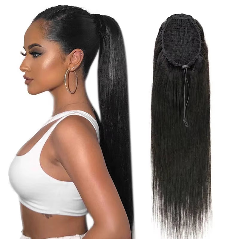 Shevive straight human hair drawstring ponytail extension wigs