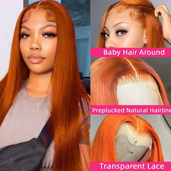 Hot sale silky human hair straight ginger orange 350 color 13x4 lace front wigs