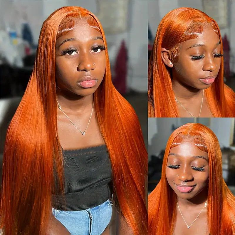 Hot sale silky human hair straight ginger orange 350 color 13x4 lace front wigs