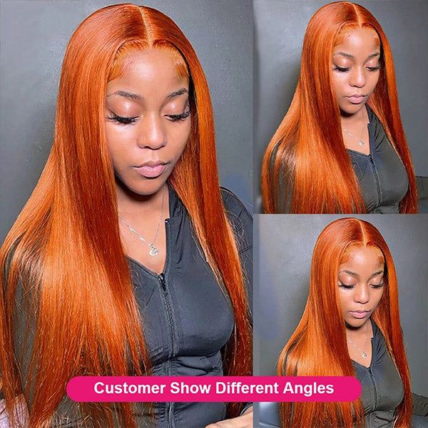 Hot sale silky human hair straight ginger orange 350 color 13x4 lace front wigs