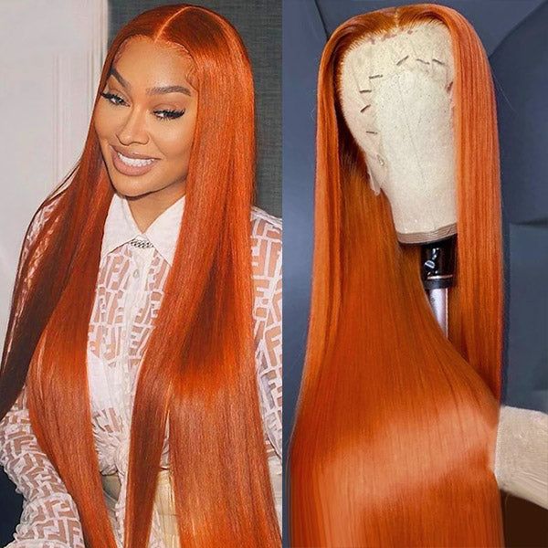 Hot sale silky human hair straight ginger orange 350 color 13x4 lace front wigs