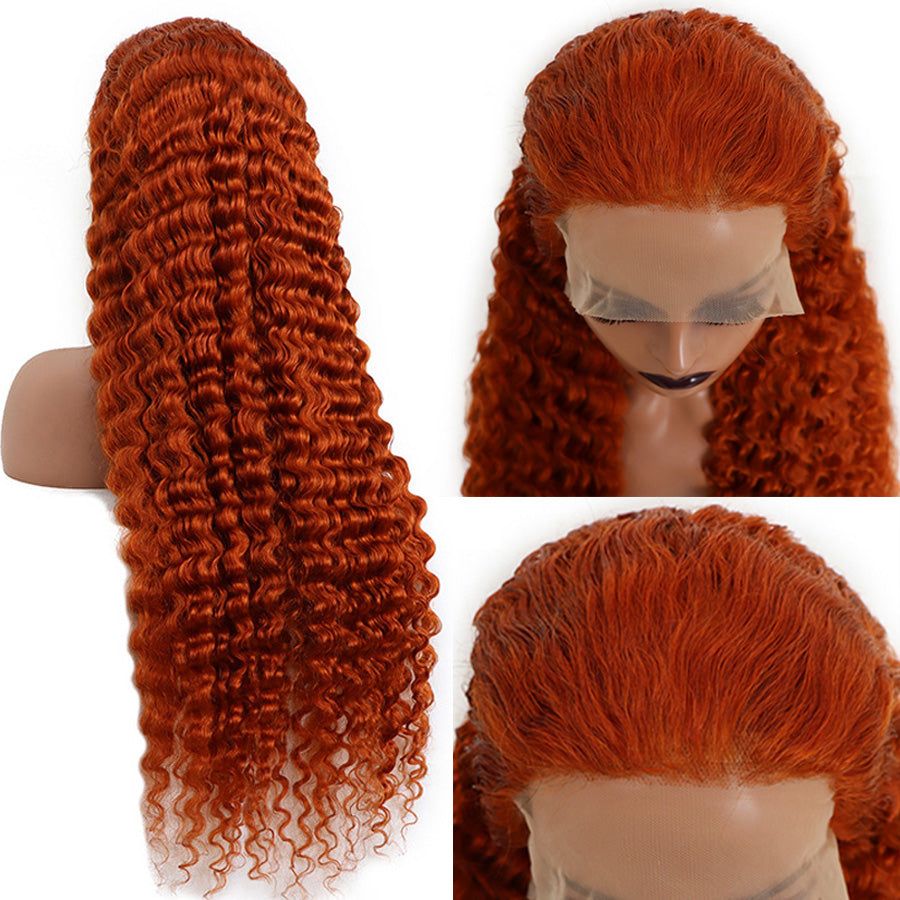 Ginger color deep wave style human hair swiss 13x4 lace front wigs