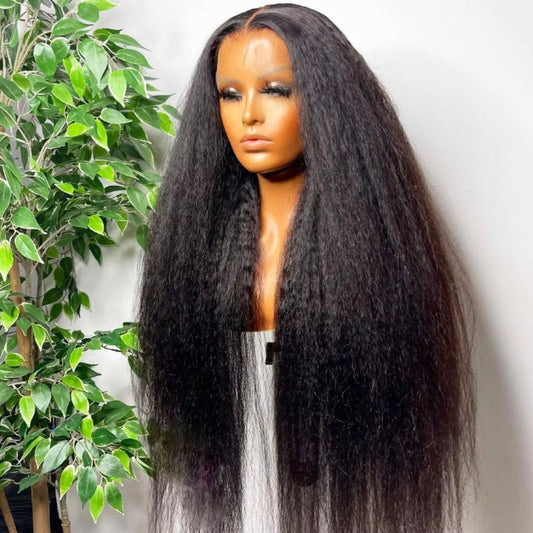 Quality human hair kinky straight transparent lace 13x4 frontal wig for black women