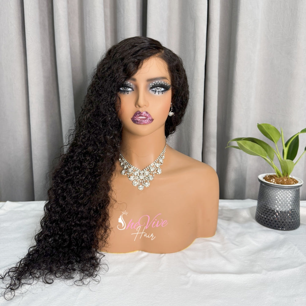 New Design Water Wave Human Hair Glueless Side Part 5x7 lace closure wig