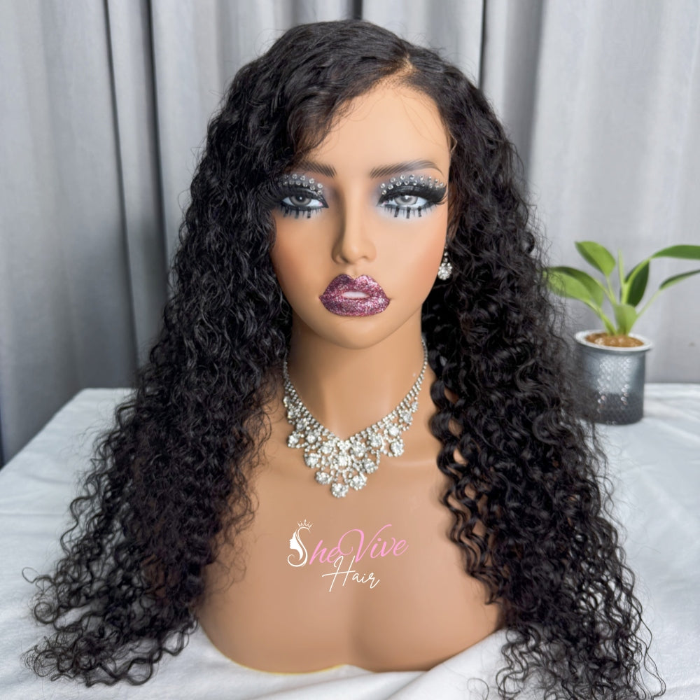 New Design Water Wave Human Hair Glueless Side Part 5x7 lace closure wig